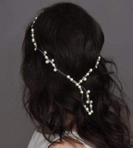  A-5616 9” headpiece of filigrees adorned with freshwater pearls, glass peals and flowers, all tipped with rhinestone & crystal accents on a rhinestone band…..*Silver or Matte Gold filigree….. (White or ivory pearls)…….. 